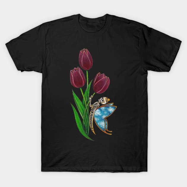 Surrealist skull and tulip flowers. T-Shirt by Jiewsurreal